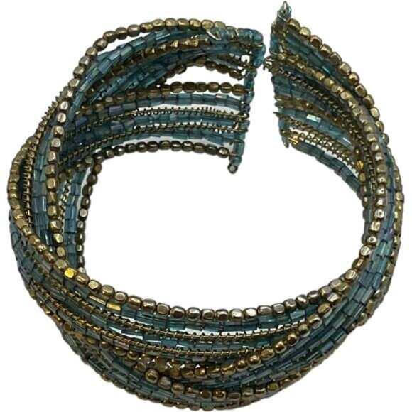 Beaded Cuff Bracelet 6.5" With Blue & Gold Sea Beads - Picture 7 of 7